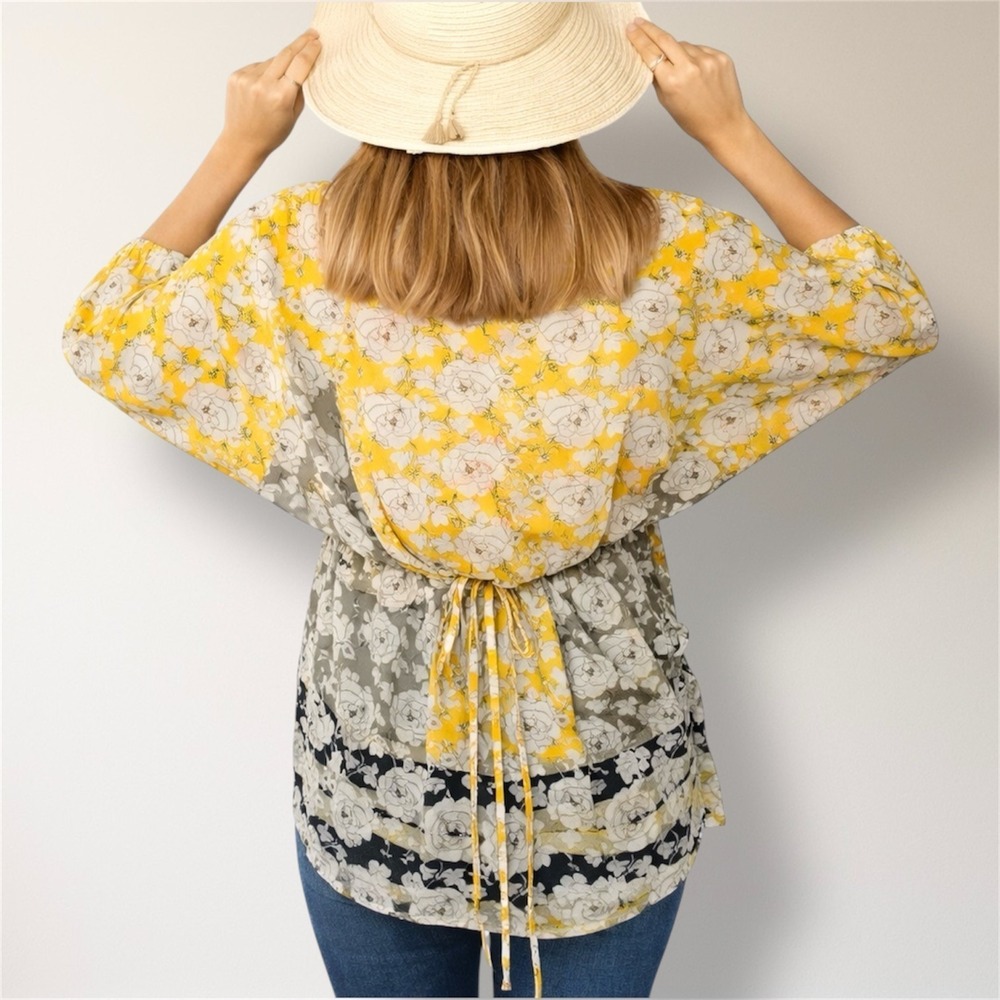 CAbi Amelia Floral Sheer Chiffon Tunic Blouse Marigold Yellow‎ Tie Back Boho M